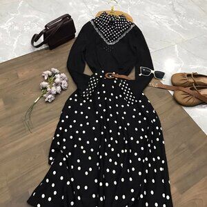 Black White Polka Dot Maxi Dress Vintage Boho Style